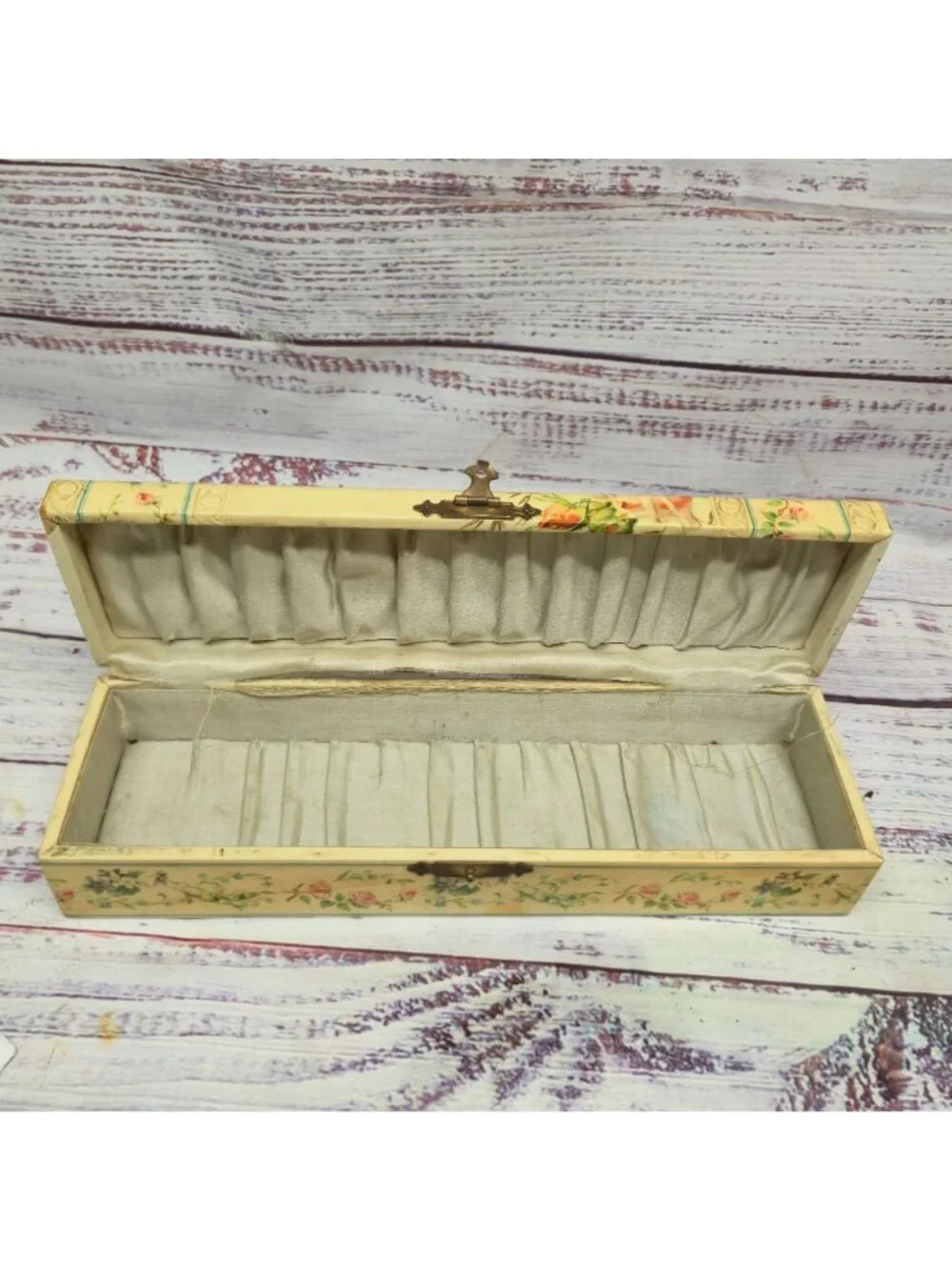 Antique Victorian Celluloid Glove Box Floral & Winter Lithograph Ornate Lock